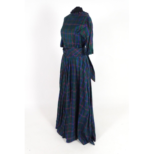 714 - Vintage bespoke full length outfits. A taffeta evening dress, circa 1980's, green with check pattern... 