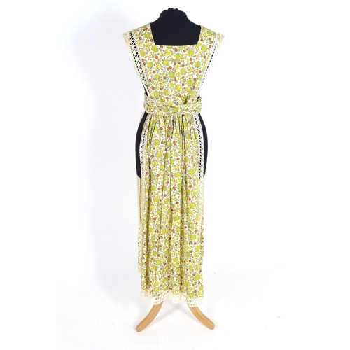 718 - 3 vintage Travers Tempos of London dress c1970's, a  cotton pinafore dress with cream, yellow and br... 