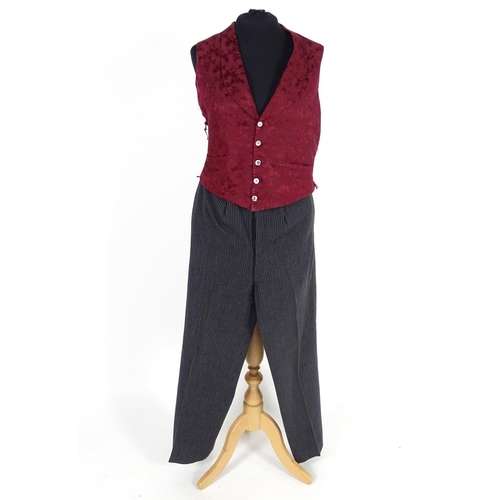 728 - Vintage bespoke mens striped formal trousers with burgundy silk patterned waistcoat . Chest size 36