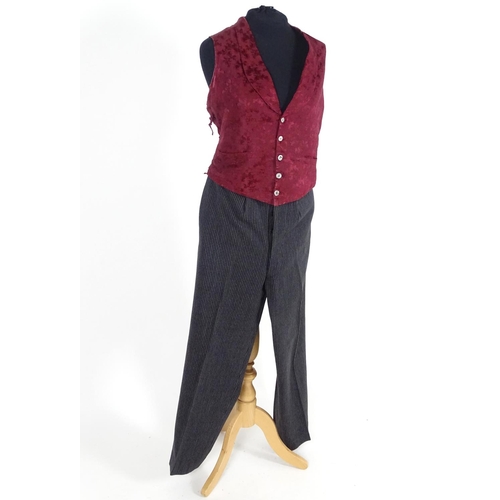 728 - Vintage bespoke mens striped formal trousers with burgundy silk patterned waistcoat . Chest size 36