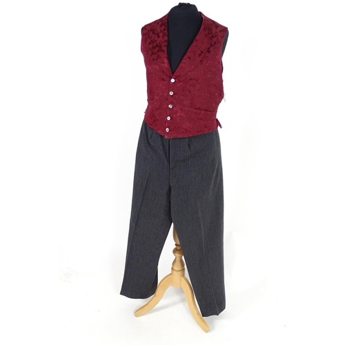 728 - Vintage bespoke mens striped formal trousers with burgundy silk patterned waistcoat . Chest size 36