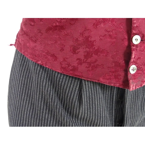 728 - Vintage bespoke mens striped formal trousers with burgundy silk patterned waistcoat . Chest size 36