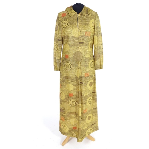 731 - A bespoke vintage ladies gold lurex evening dress with hood c1960's. Gold with abstract patterns. Bu... 