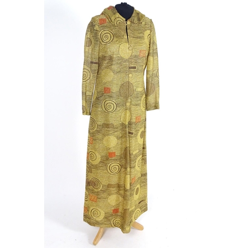 731 - A bespoke vintage ladies gold lurex evening dress with hood c1960's. Gold with abstract patterns. Bu... 