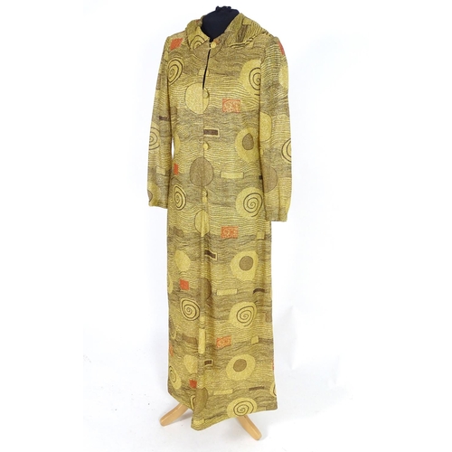 731 - A bespoke vintage ladies gold lurex evening dress with hood c1960's. Gold with abstract patterns. Bu... 