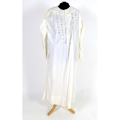 733 - A vintage white cotton full length night gown with herringbone embroidery and broderie anglaise trim... 