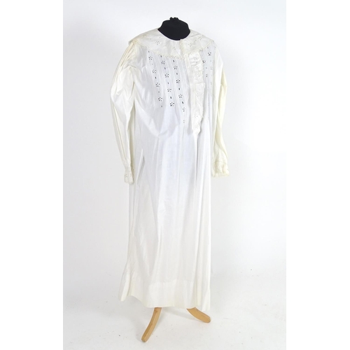 733 - A vintage white cotton full length night gown with herringbone embroidery and broderie anglaise trim... 