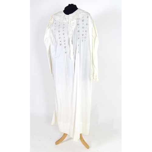 733 - A vintage white cotton full length night gown with herringbone embroidery and broderie anglaise trim... 