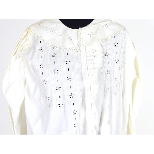 733 - A vintage white cotton full length night gown with herringbone embroidery and broderie anglaise trim... 