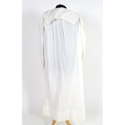 733 - A vintage white cotton full length night gown with herringbone embroidery and broderie anglaise trim... 