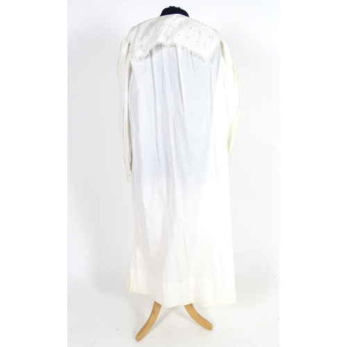 733 - A vintage white cotton full length night gown with herringbone embroidery and broderie anglaise trim... 