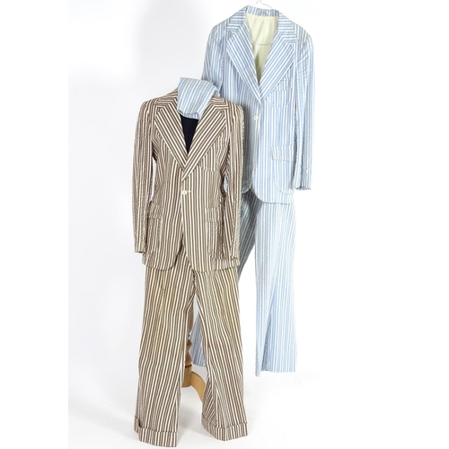 735 - 2 vintage stripy suits by Austins, a light brown and cream striped jacket and trousers along with a ... 