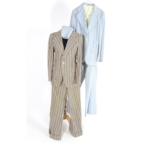 735 - 2 vintage stripy suits by Austins, a light brown and cream striped jacket and trousers along with a ... 