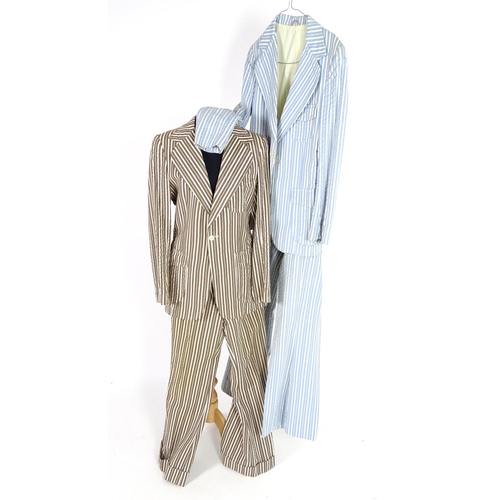 735 - 2 vintage stripy suits by Austins, a light brown and cream striped jacket and trousers along with a ... 