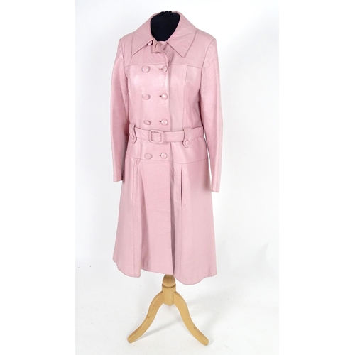 736 - A vintage Elma double breasted pink long line leather jacket, with matching belt, c1970's. Bust size... 