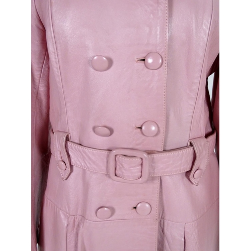 736 - A vintage Elma double breasted pink long line leather jacket, with matching belt, c1970's. Bust size... 