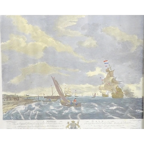 1671 - P. C. Canot, after Willem van de Velde, Two hand coloured engravings, A Brisk Gale, depicting a seas... 