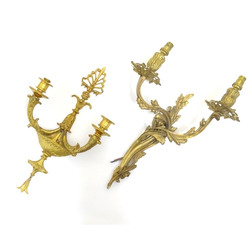 1203 - Two gilt wall light sconces , one a Louis XV Style Wall Light Sconce with acanthus scroll detail, th... 