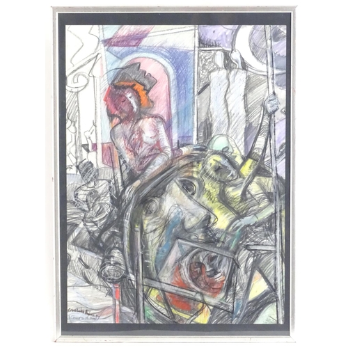 1686 - XX, Mixed Media, An Abstract Impressionist street scene with female figures. Signed lower. Approx. 2... 