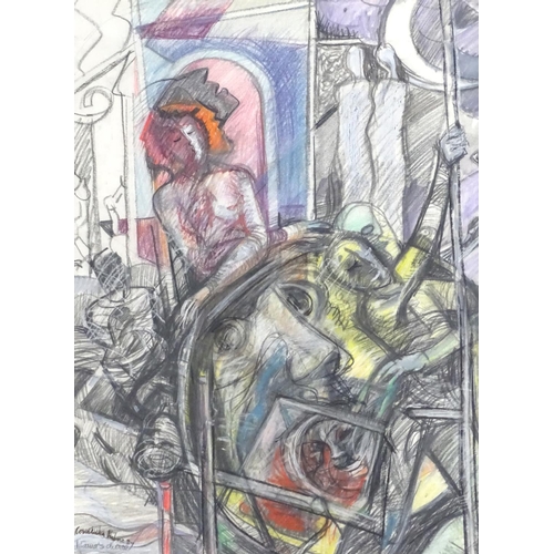 1686 - XX, Mixed Media, An Abstract Impressionist street scene with female figures. Signed lower. Approx. 2... 