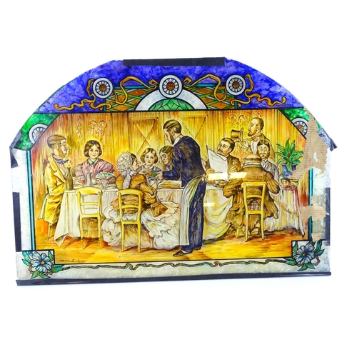 783 - Garden & Architectural, Salvage: a painted glass panel depicting a Victorian dining scene, signed 'M... 