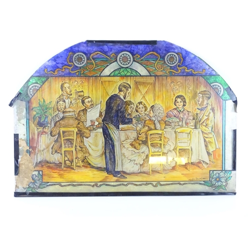 783 - Garden & Architectural, Salvage: a painted glass panel depicting a Victorian dining scene, signed 'M... 