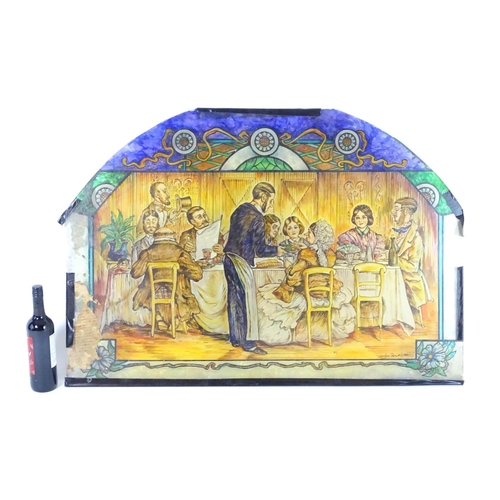 783 - Garden & Architectural, Salvage: a painted glass panel depicting a Victorian dining scene, signed 'M... 