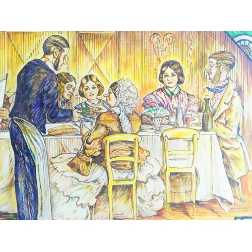 783 - Garden & Architectural, Salvage: a painted glass panel depicting a Victorian dining scene, signed 'M... 