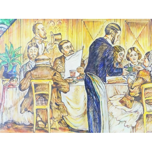 783 - Garden & Architectural, Salvage: a painted glass panel depicting a Victorian dining scene, signed 'M... 