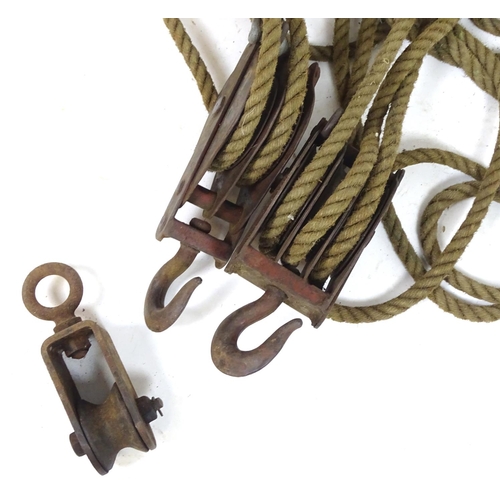 792 - Garden & Architectural, Salvage: an early to mid 20thC block and tackle, with rope, two 13