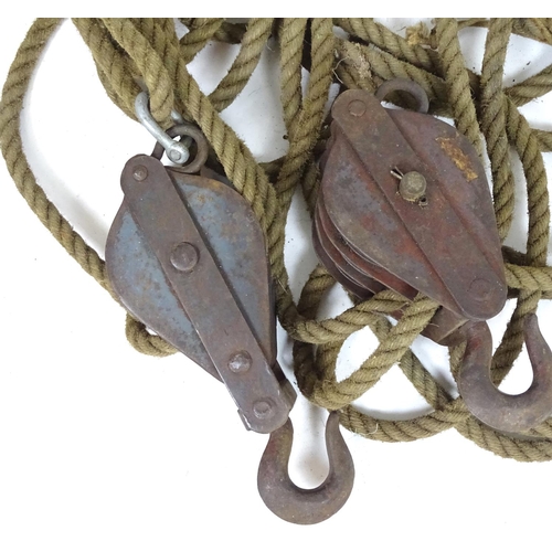 792 - Garden & Architectural, Salvage: an early to mid 20thC block and tackle, with rope, two 13