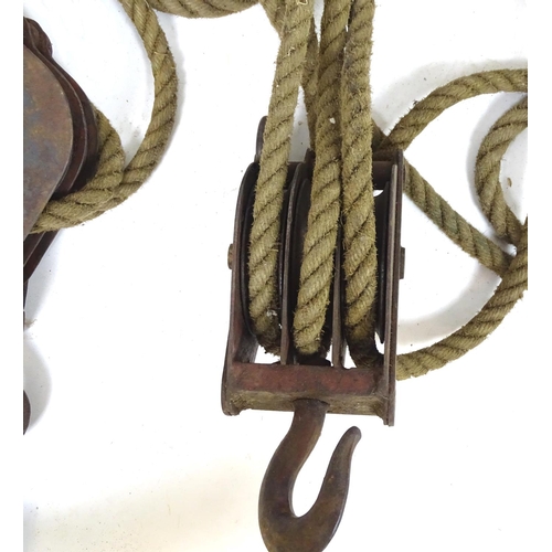 792 - Garden & Architectural, Salvage: an early to mid 20thC block and tackle, with rope, two 13