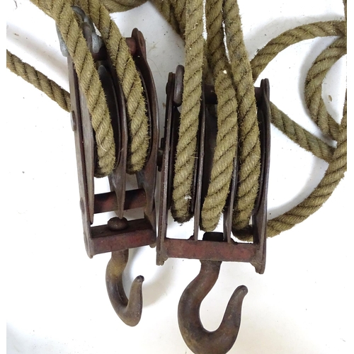 792 - Garden & Architectural, Salvage: an early to mid 20thC block and tackle, with rope, two 13