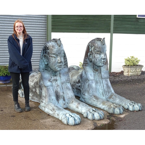 793 - Garden & Architectural, Salvage: a pair of late 20thC large scale cast bronze sphinx statues, each m... 