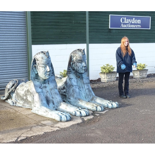 793 - Garden & Architectural, Salvage: a pair of late 20thC large scale cast bronze sphinx statues, each m... 