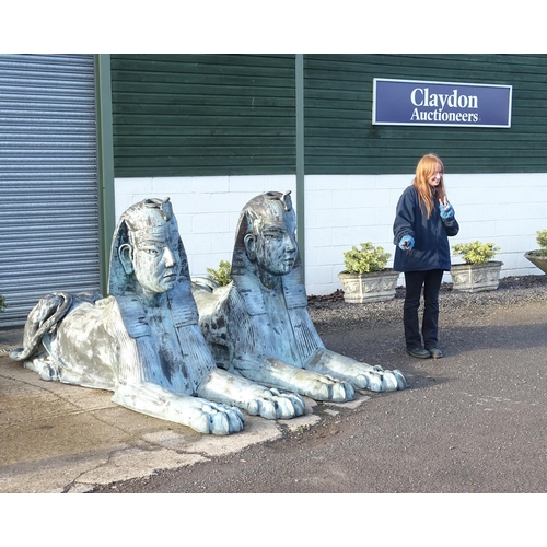 793 - Garden & Architectural, Salvage: a pair of late 20thC large scale cast bronze sphinx statues, each m... 