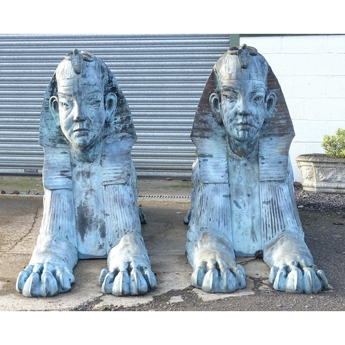 793 - Garden & Architectural, Salvage: a pair of late 20thC large scale cast bronze sphinx statues, each m... 