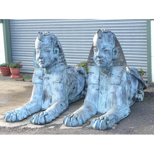 793 - Garden & Architectural, Salvage: a pair of late 20thC large scale cast bronze sphinx statues, each m... 