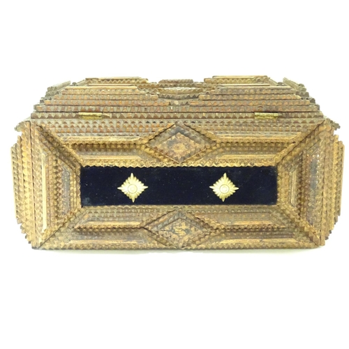 1006 - A 19th / 20thC tramp / folk art box with applied velvet and decorative mounts. Approx. 4 1/2