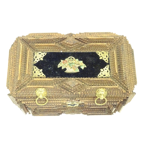 1006 - A 19th / 20thC tramp / folk art box with applied velvet and decorative mounts. Approx. 4 1/2