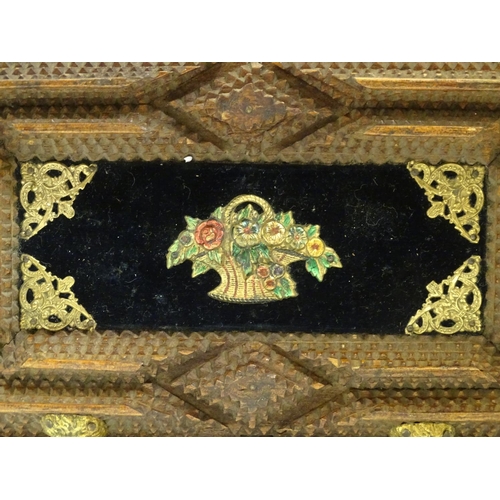 1006 - A 19th / 20thC tramp / folk art box with applied velvet and decorative mounts. Approx. 4 1/2