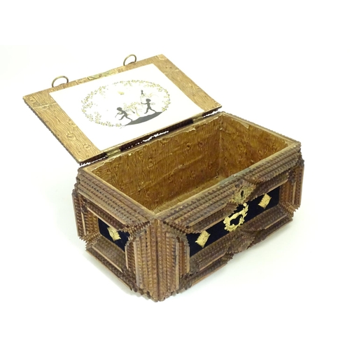 1006 - A 19th / 20thC tramp / folk art box with applied velvet and decorative mounts. Approx. 4 1/2