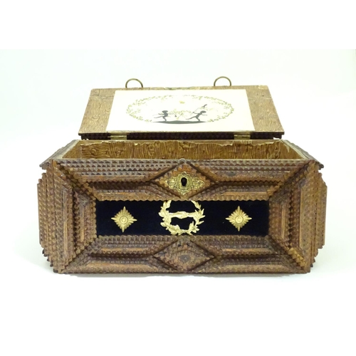 1006 - A 19th / 20thC tramp / folk art box with applied velvet and decorative mounts. Approx. 4 1/2