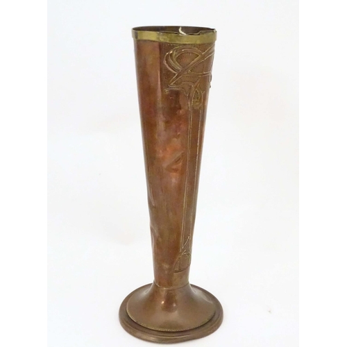 801 - A Beldray Art Nouveau copper and brass tapered vase with tendril repousse decoration. Stamped under.... 