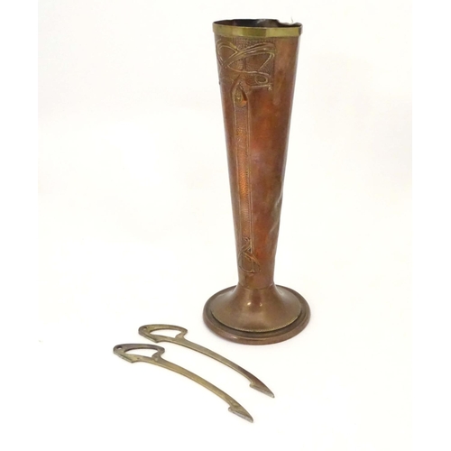 801 - A Beldray Art Nouveau copper and brass tapered vase with tendril repousse decoration. Stamped under.... 