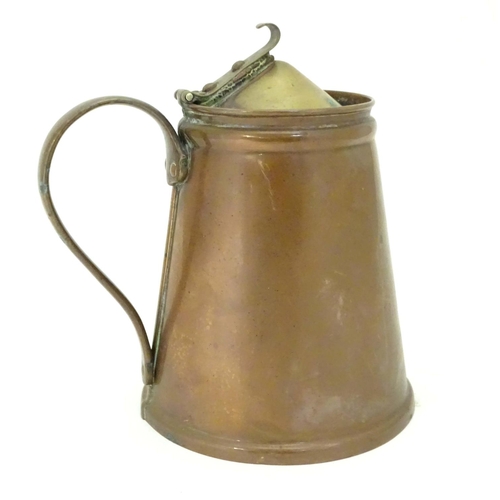 804 - An Arts and Crafts W.A.S. Benson copper and brass tapered hot water jug with inner lining, hinged li... 