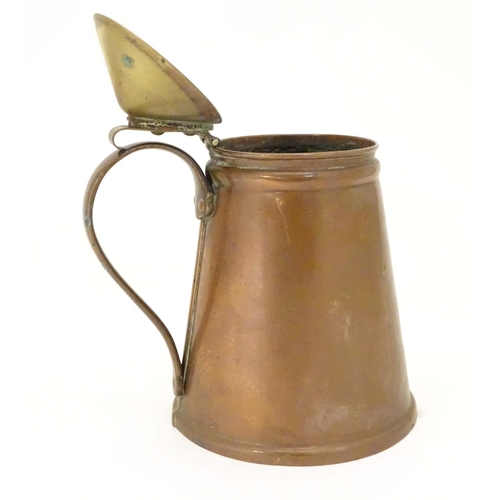 804 - An Arts and Crafts W.A.S. Benson copper and brass tapered hot water jug with inner lining, hinged li... 