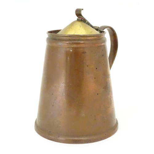 804 - An Arts and Crafts W.A.S. Benson copper and brass tapered hot water jug with inner lining, hinged li... 