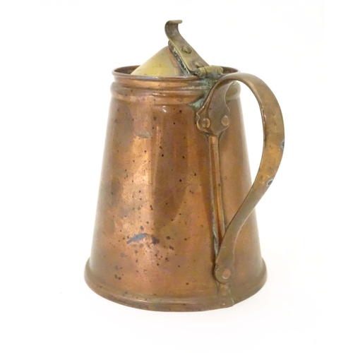 804 - An Arts and Crafts W.A.S. Benson copper and brass tapered hot water jug with inner lining, hinged li... 