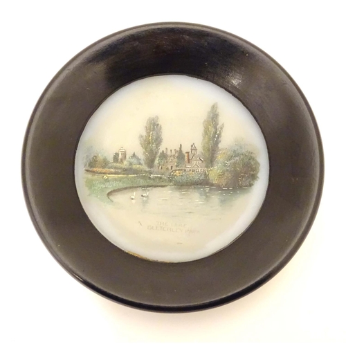 808 - A 20thC oil on opaline glass landscape miniature depicting Bletchley Park from the lake. Titled unde... 